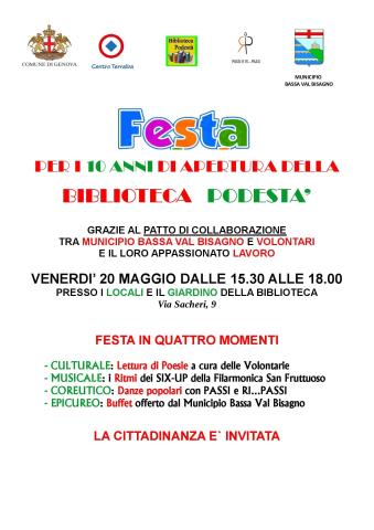 Festa per i dieci anni di apertura della Biblioteca Podestà in regime di volontariato