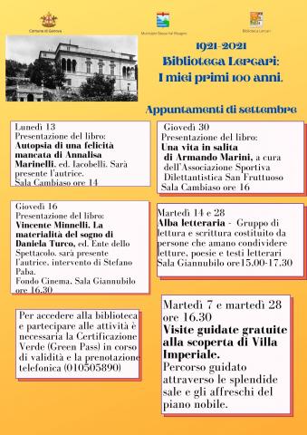1921-2021 Biblioteca Lercari: I miei primi 100 anni - Appuntamenti di settembre