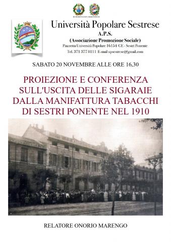 Locandina Proiezione e conferenza sull'uscita delle sigaraie dalla Manifattura Tabacchi nel 1910