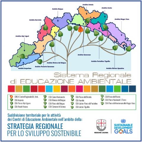 Cartina della Liguria raffigurante il Sistema Regionale di Educazione Ambientale