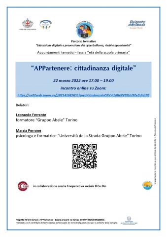 locandina incontro Appartenere: cittadinanza digitale 22marzo 2022 locandina incontro formativo educazione digitale 22 marzo 2022