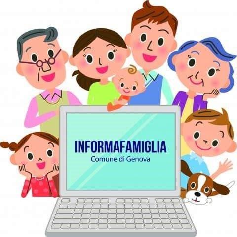 computer al centro, contornato da diverse persone componenti una possibile famiglia (bambini, genitori, anziani) 