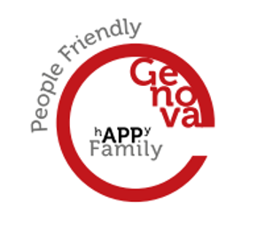 Logo APP hAPPy Family Genova mmagine con cerchio rosso circondato dalla scritta People Friendly e che contiene la scritta hAPPy Family Genova