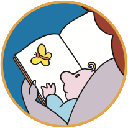 disegno di bimbo in braccio ad adulto, con il quale sfoglia un libro sulla cui pagina è disegnata una farfalla
