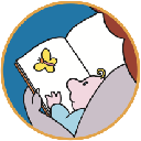 Logo programma nazionale Nati per Leggere disegno di bimbo in braccio ad adulto, con il quale sfoglia un libro sulla cui pagina è disegnata una farfalla