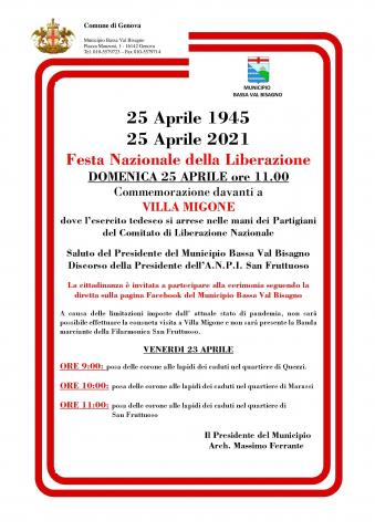 Domenica 25 Aprile Festa Nazionale della Liberazione