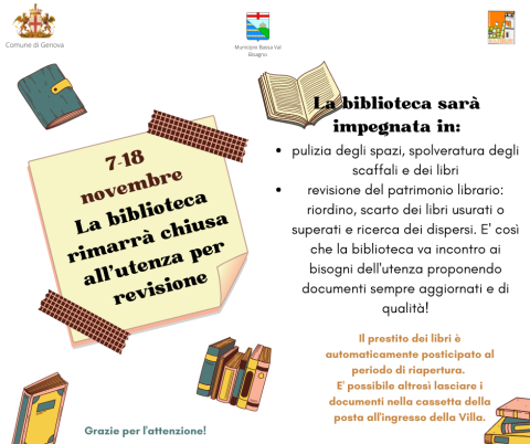 Biblioteca Lercari - chiusura per revisione annuale