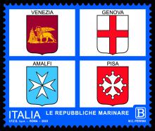Il francobollo con, in senso orario, gli stemmi di Venezia, Genova, Pisa e Amalfi