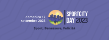 locandina Sport City Day 2023, sfondo viola e sottotitolo "Sport, benessere, felicità"