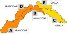 Cartina della Liguria con colori giallo e arancione a seconda dei bacini e del tipo di allerta emanata