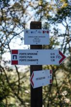 La cartellonistica posta in corrispondenza del Cancello dell'Avvocato con le indicazioni per il Forte Puin ed altri Forti