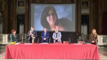 Carla Gerbaudi, Mario Mascia, Filippo Sguerso, Alessandro Clavarino, Sara Tagliente: sullo sfondo la foto di Federica Picasso
