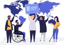 immagine stilizzata persone con differenti disabilità, card e carta geografica del mondo