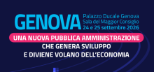 Locandina evento con titolo iniziativa in bianco su sfondo nero e, in alto, "Genova" in azzurro Locandina evento con titolo iniziativa in bianco su sfondo nero e, in alto, "Genova" in azzurro