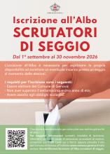 Grafica Comune di Genova con scritto, in rosso su sfondo grigio "Iscrizione allalbo scrutatori di seggio"