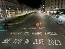 viale Brigata Bisagno con scritta "the Ocean Race see Genova the Grand Finale you in june 2023 