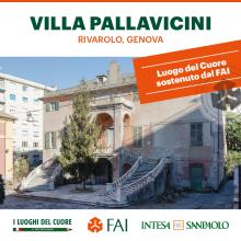 Una foto della facciata di Villa Pallavicini a Rivarolo sormontata da alcune info sul progetto