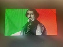 ritratto di Mameli sullo sfondo del tricolore