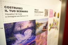 Un pannello con Qr-Code per "costruire il tuo scenario" della Genova che sarà