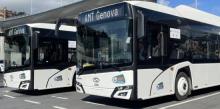 Due autobus elettrici affiancati sotto il ponte Genova San Giorgio Due autobus elettrici affiancati sotto il ponte Genova San Giorgio