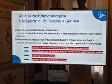 Slide mostrata durante il convegno che sottolinea la funzione di "supporto a chi investe a Genova"