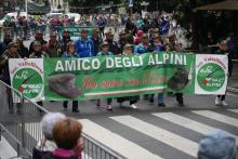 Alpini sfilano dietro allo striscione "Amico degli Alpini"