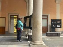 Una visitatrice intenta a "studiare" le foto del maestro Lovati nel cortile di Palazzo Tursi