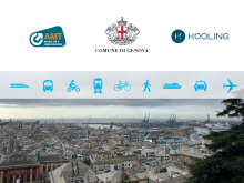 vista di Genova con alcuni "simboli" di mobilità urbana in sovrimpressione. In alto i loghi di Comune, AMT, Kooling