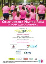 Locandina dell'evento: in alto, un gruppo di ciclisti con la maglietta rosa pedalano su strada all'interno della natura