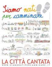 Il logo multicolore di Siamo Nati per Camminare, con un pentagramma attorno a cu viene disegnata una città più sostenibile