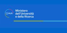 Logo Ministero Università e ricerca: scritta bianca su sfondo blu