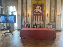 L'intervento da remoto del presidente di Fondazione SportCity Pagliara, ascoltano tra gli altri Bianchi e Andrea Fossati (Coni)