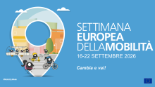 Locandina settimana europea della mobilità: sfondo azzurro e scritte in bianco